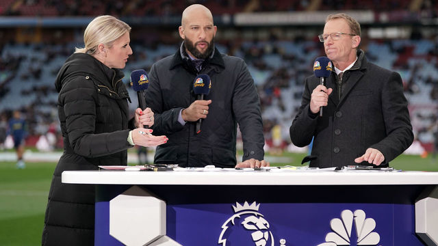 NBC Sports presenters Rebecca Lowe, Tim Howard (centre) and Robbie Mustoe after the Premier League match at Villa Park, Birmingham. Picture date: Saturday April 9, 2022.