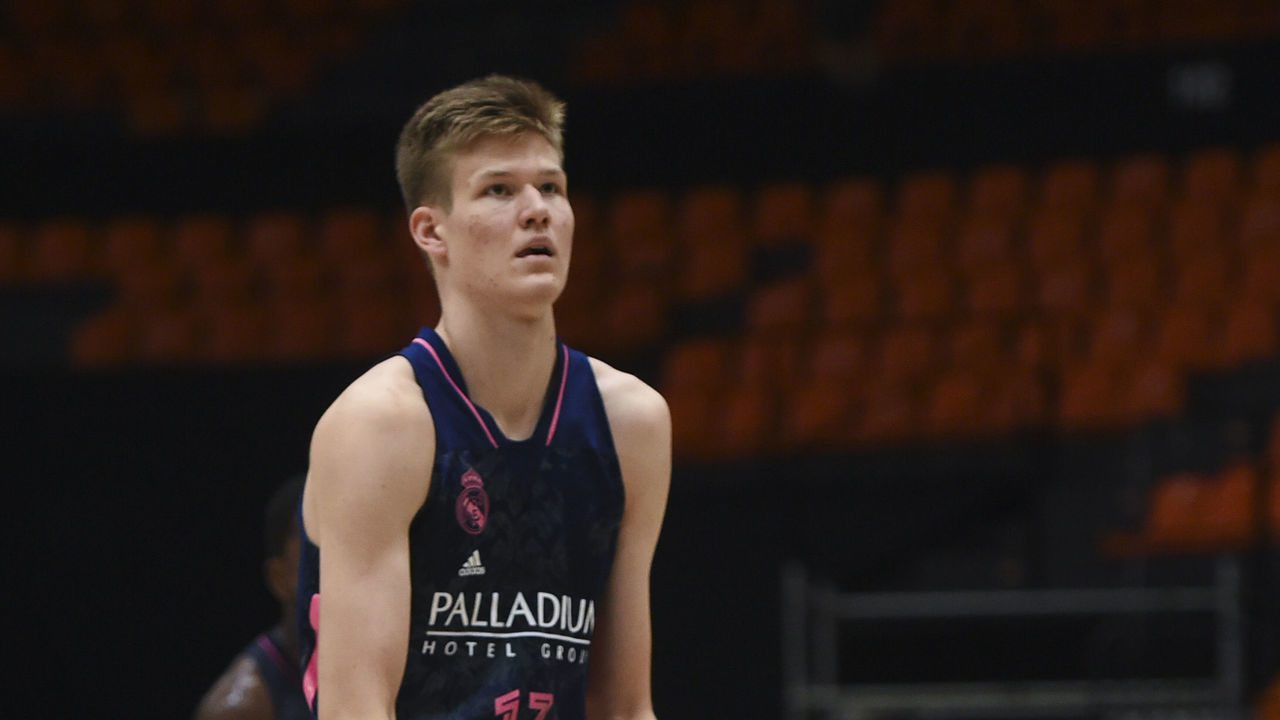 VALENCIA, SPAIN - JUNE 05: Henri Veesaar, #13 of U18 Real Madrid in action during the Adidas Next Generation Tournament between U18 Real Madrid v U18 Crvena Zvezda mts Belgrade at La Fonteta on June 05, 2021 in Valencia, Spain.