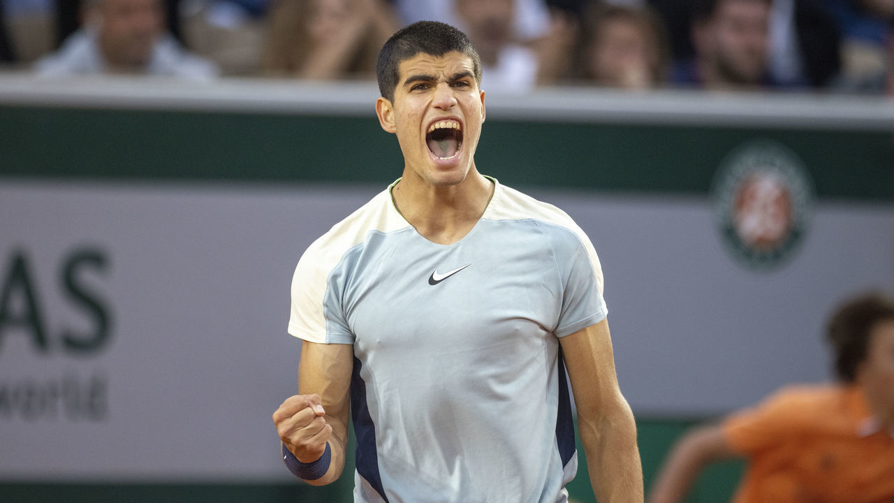 PARIS, FRANCE May 25. Carlos Alcaraz of Spain celebrates a point during his dramatic five set victory against Albert Ramos-Vinolas of Spain on Court Simonne Mathieu during the singles second round match at the 2022 French Open Tennis Tournament at Roland Garros on May 25th 2022 in Paris, France.