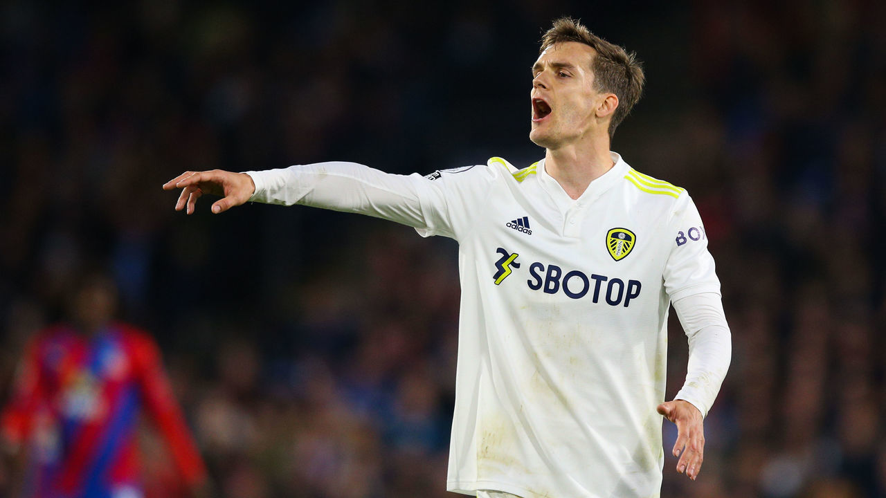 LONDON, ENGLAND - APRIL 25: Diego Llorente of Leeds reacts during the Premier League match between Crystal Palace and Leeds United at Selhurst Park on April 25, 2022 in London, United Kingdom.