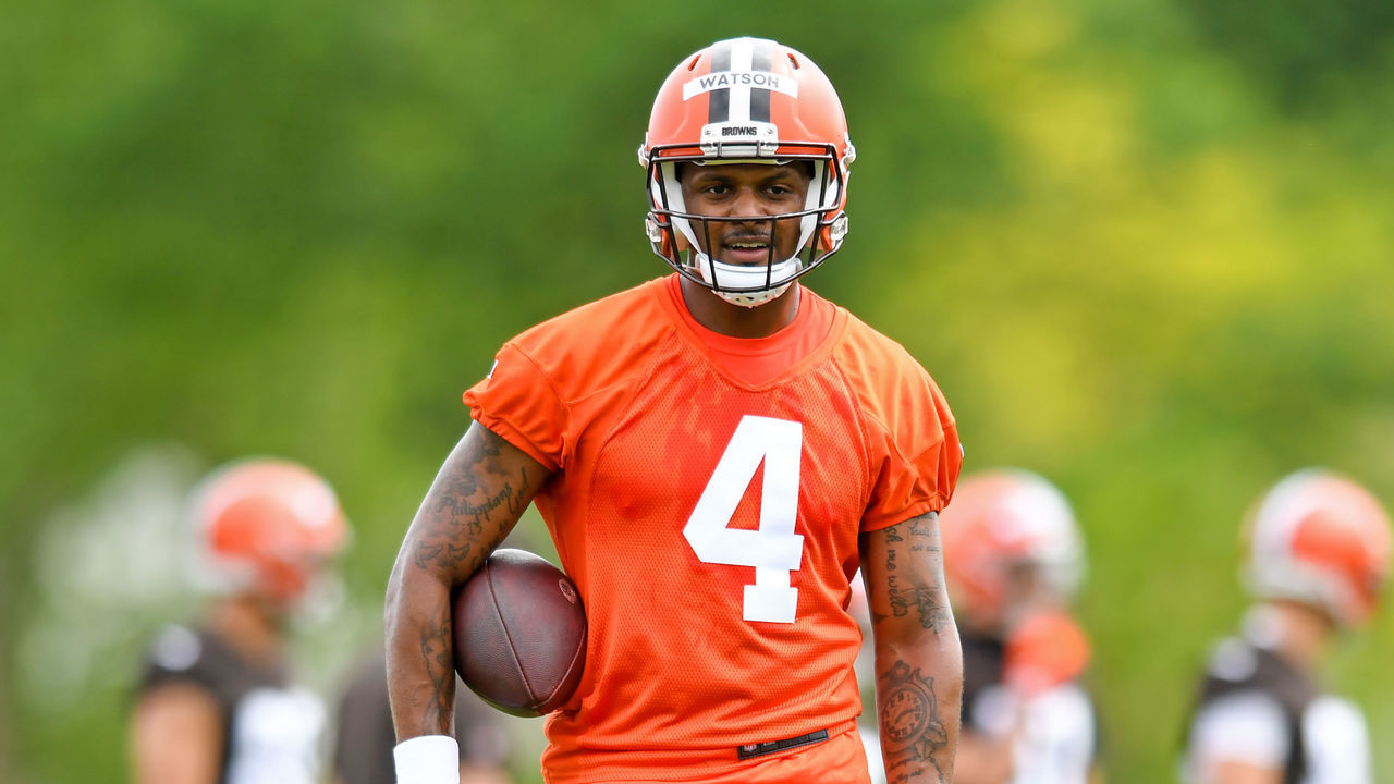 BEREA, OH - MAY 25: Deshaun Watson #4 of the Cleveland Browns looks on during the Cleveland Browns OTAs at CrossCountry Mortgage Campus on May 25, 2022 in Berea, Ohio.
