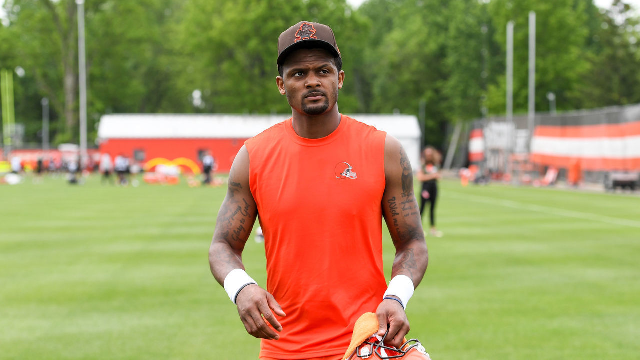 BEREA, OH - MAY 25: Deshaun Watson #4 of the Cleveland Browns walks off the field after the Cleveland Browns OTAs at CrossCountry Mortgage Campus on May 25, 2022 in Berea, Ohio.