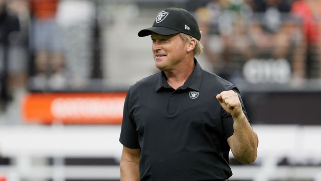 LAS VEGAS, NEVADA - OCTOBER 10: Head coach Jon Gruden of the Las Vegas Raiders walks on the field before a game against the Chicago Bears at Allegiant Stadium on October 10, 2021 in Las Vegas, Nevada. The Bears defeated the Raiders 20-9.