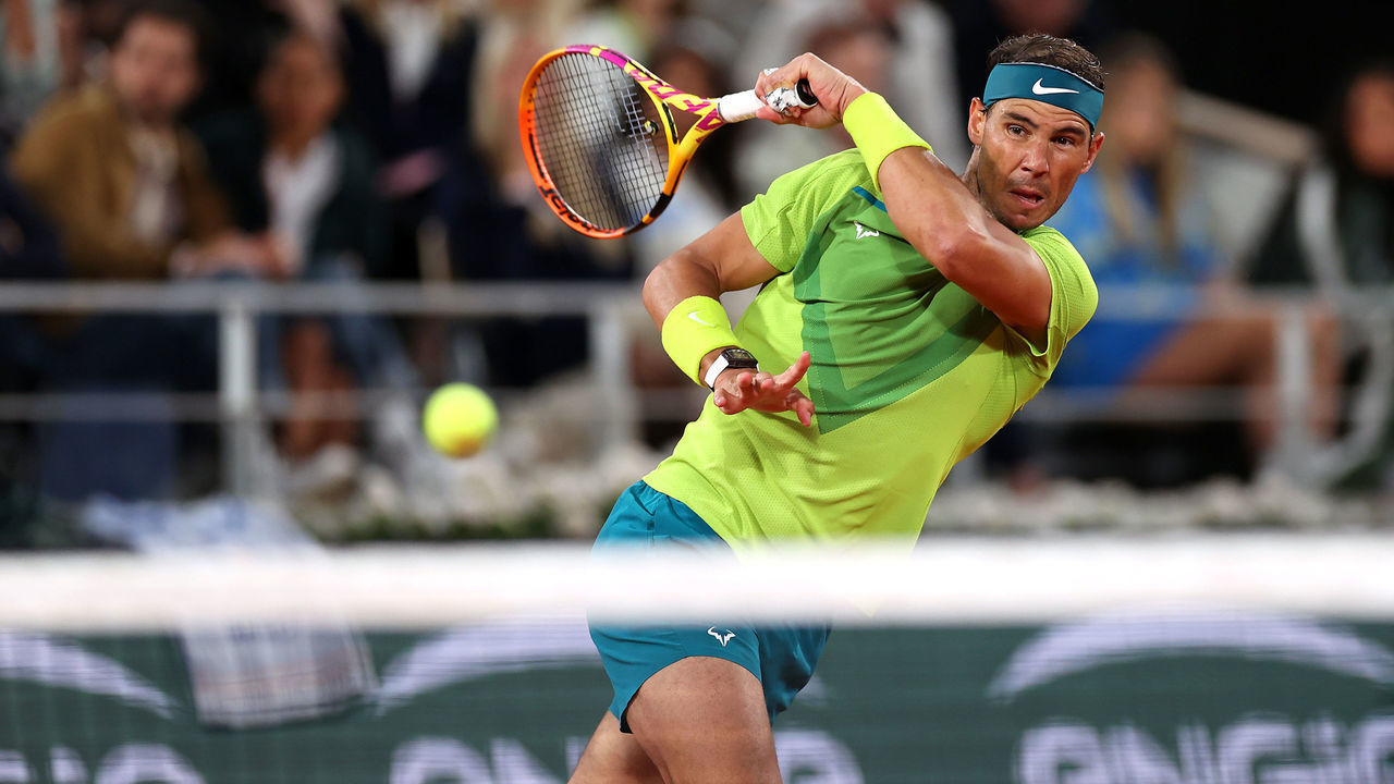 PARIS, FRANCE - MAY 25: Rafael Nadal of Spain plays a forehand against Corentin Moutet of France during the Men's Singles Round 2 on Day Four of The 2022 French Open at Roland Garros on May 25, 2022 in Paris, France.
