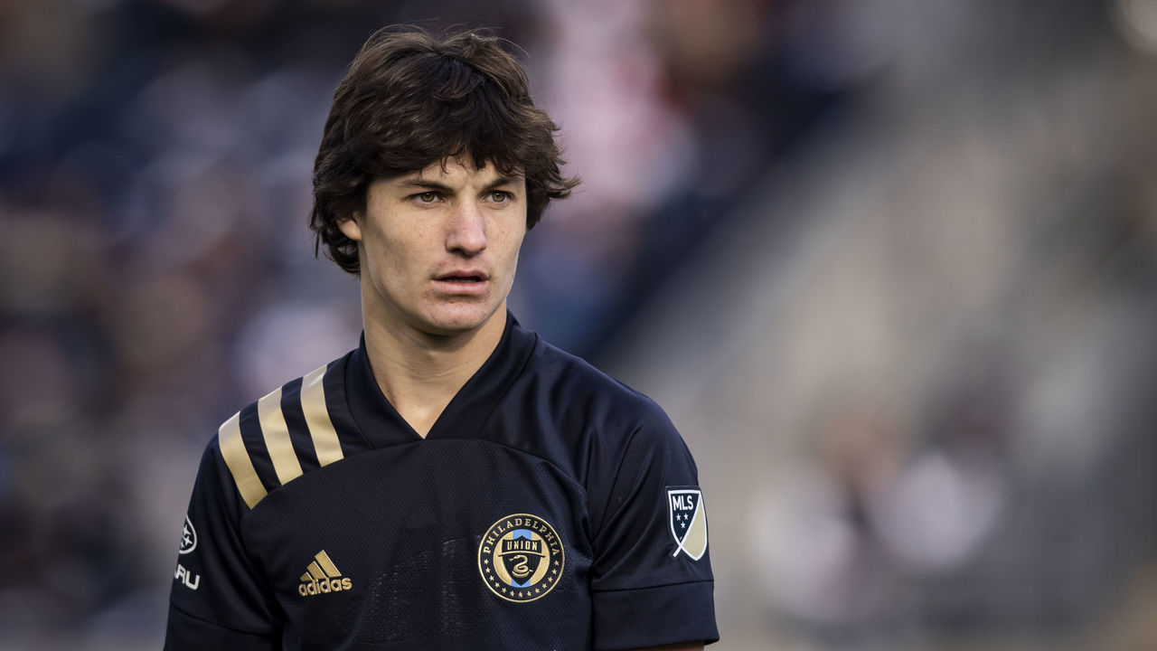 CHESTER, PA - NOVEMBER 20: Paxten Aaronson #30 of Philadelphia Union looks on during the first half of the 2021 Audi MLS Cup Playoff match against the New York Red Bulls at Subaru Park on November 20, 2021 in Chester, Pennsylvania.