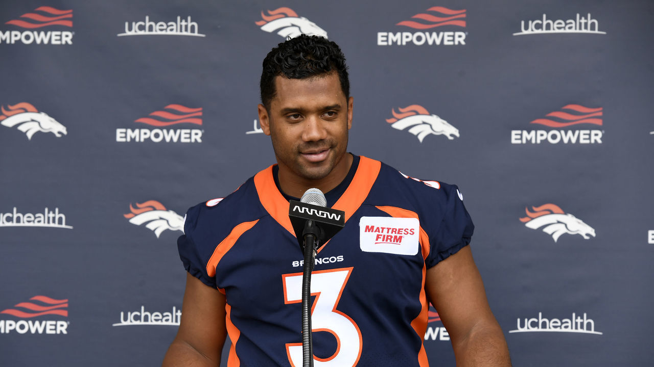ENGLEWOOD, CO - MAY 23: Denver Broncos quarterback Russell Wilson meets with members of the media after an early season practice session at Dove Valley at the at UCHealth Training Center on May 23, 2022 in Englewood, Colorado.