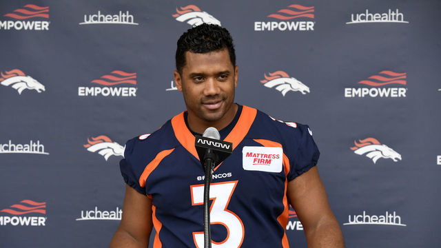 ENGLEWOOD, CO - MAY 23: Denver Broncos quarterback Russell Wilson meets with members of the media after an early season practice session at Dove Valley at the at UCHealth Training Center on May 23, 2022 in Englewood, Colorado.