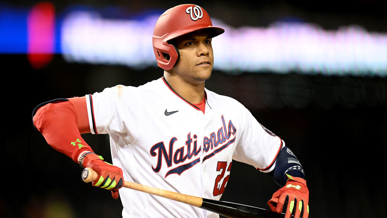 WASHINGTON, DC - MAY 24: Juan Soto #22 of the Washington Nationals reacts after striking out in the seventh inning against the Los Angeles Dodgers at Nationals Park on May 24, 2022 in Washington, DC.