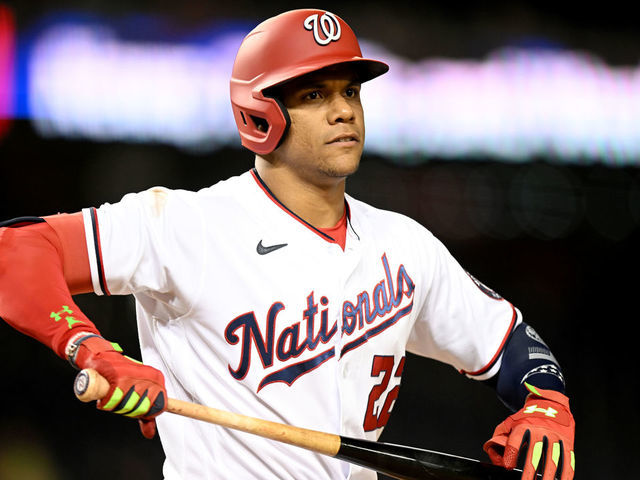 WASHINGTON, DC - MAY 24: Juan Soto #22 of the Washington Nationals reacts after striking out in the seventh inning against the Los Angeles Dodgers at Nationals Park on May 24, 2022 in Washington, DC.