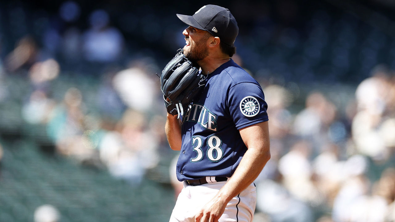 SEATTLE, WASHINGTON - MAY 25: Robbie Ray #38 of the Seattle Mariners reacts during the sixth inning against the Oakland Athletics at T-Mobile Park on May 25, 2022 in Seattle, Washington.