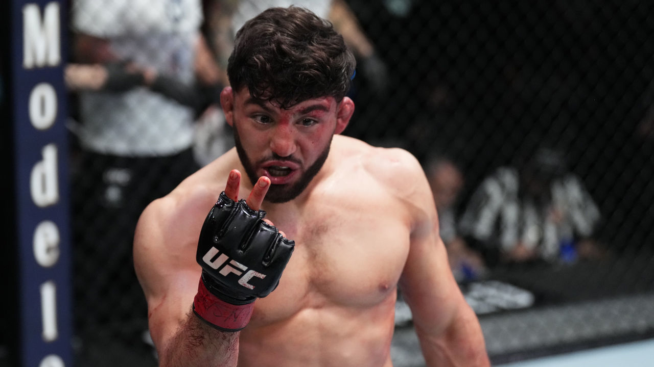 LAS VEGAS, NEVADA - FEBRUARY 26: Arman Tsarukyan of Armenia reacts after his victory over Joel Alvarez of Spain in their lightweight fight during the UFC Fight Night event at UFC APEX on February 26, 2022 in Las Vegas, Nevada.