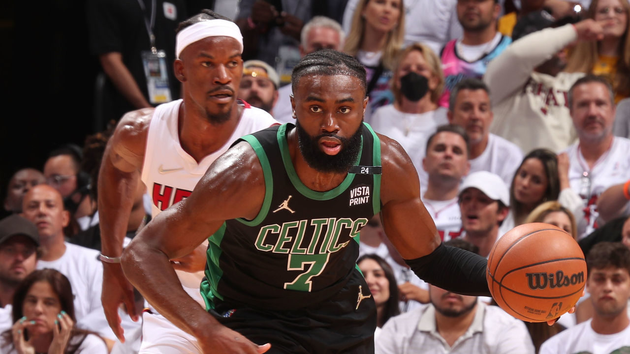 MIAMI, FL - MAY 25: Jaylen Brown #7 of the Boston Celtics moves the ball up court against the Miami Heat during Game 5 of the 2022 NBA Playoffs Eastern Conference Finals on May 25, 2022 at FTX Arena in Miami, Florida. Mandatory Copyright Notice: Copyright 2022 NBAE