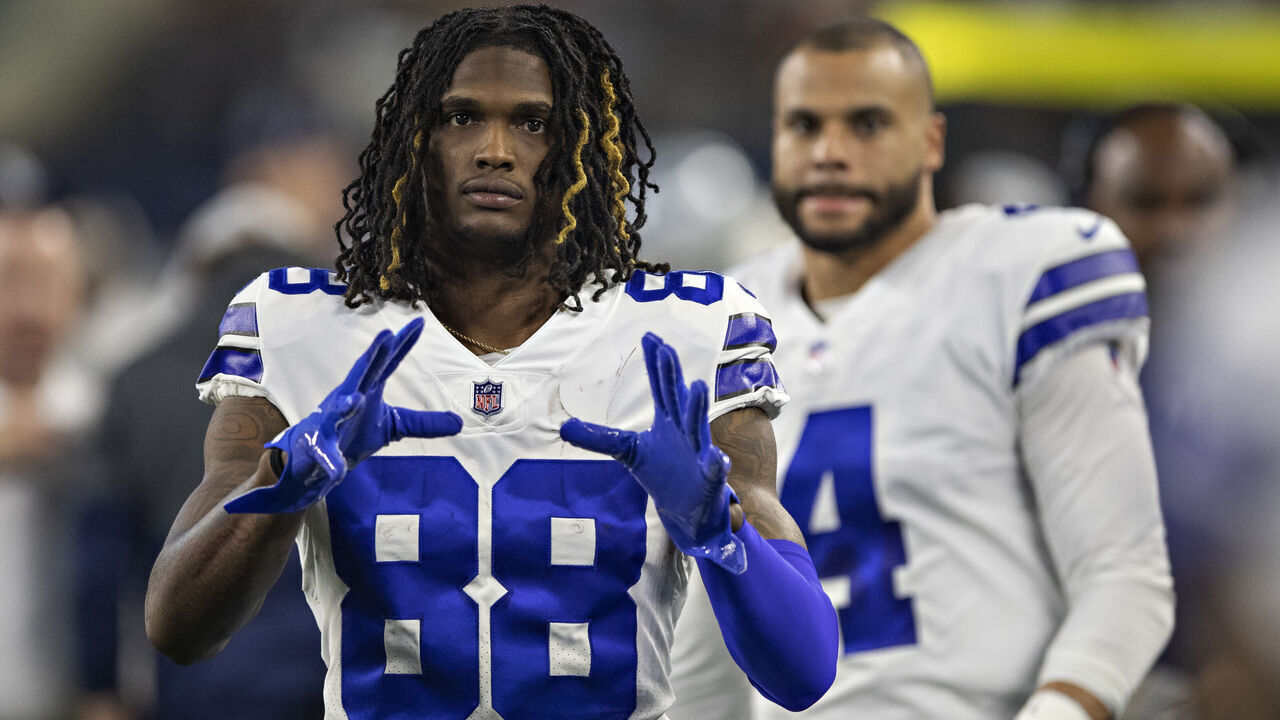 ARLINGTON, TEXAS - DECEMBER 26: CeeDee Lamb #88 of the Dallas Cowboys on the sidelines during a game against the Washington Football Team at AT&T Stadium on December 26, 2021 in Arlington, Texas. The Cowboys defeated the Football Team 56-14.