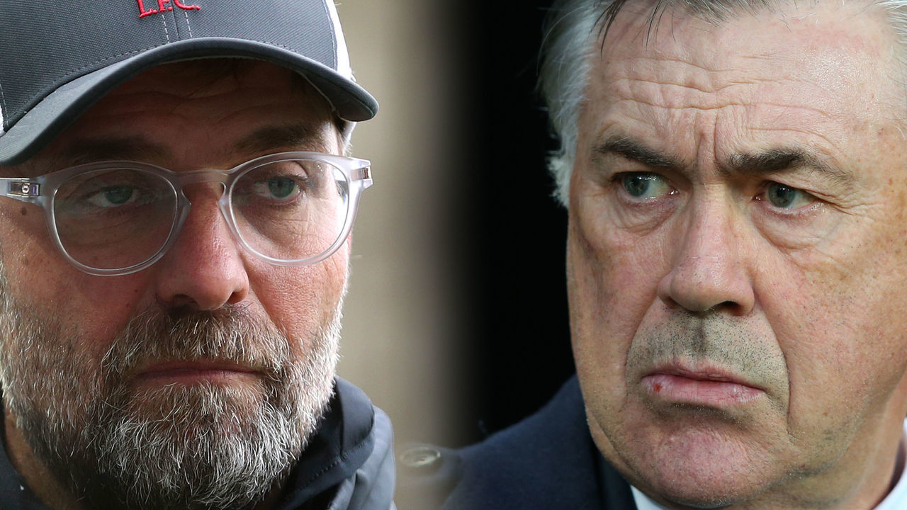 FILE PHOTO (EDITORS NOTE: COMPOSITE OF IMAGES - Image numbers 1280745152, 1196360773 - GRADIENT ADDED) In this composite image a comparison has been made between Jurgen Klopp, Manager of Liverpool (L) and Carlo Ancelotti, Manager of Everton. Liverpool and Everton will meet in the “Merseyside Derby” on February 20,2021 at Anfield in Liverpool, England. ***LEFT IMAGE*** LIVERPOOL, ENGLAND - OCTOBER 17: Jurgen Klopp, Manager of Liverpool looks on following the Premier League match between Everton and Liverpool at Goodison Park on October 17, 2020 in Liverpool, England. Sporting stadiums around the UK remain under strict restrictions due to the Coronavirus Pandemic as Government social distancing laws prohibit fans inside venues resulting in games being played behind closed doors.