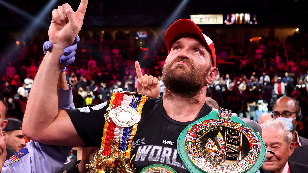 LAS VEGAS, NEVADA - OCTOBER 09: Tyson Fury celebrates his 11th round knock out win against Deontay Wilder after their WBC heavyweight title fight at T-Mobile Arena on October 09, 2021 in Las Vegas, Nevada.