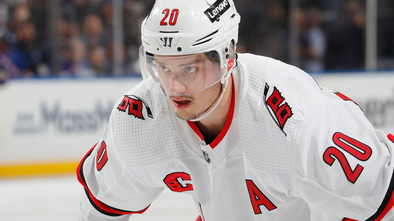 NEW YORK, NEW YORK - MAY 22: Sebastian Aho #20 of the Carolina Hurricanes looks on against the New York Rangers in Game Three of the Second Round of the 2022 Stanley Cup Playoffs at Madison Square Garden on May 22, 2022 in New York City.