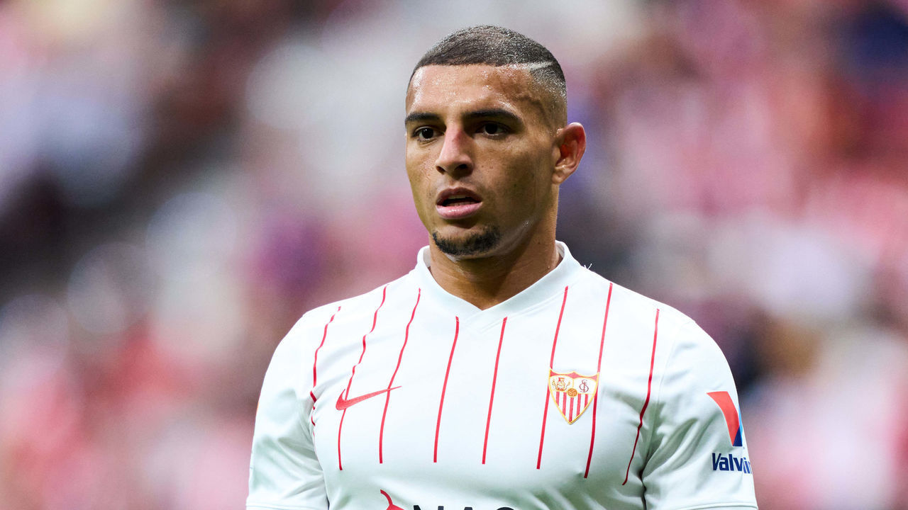 MADRID, SPAIN - MAY 15: Diego Carlos Santos Silva of Sevilla FC reacts during the LaLiga Santander match between Club Atletico de Madrid and Sevilla FC at Estadio Wanda Metropolitano on May 15, 2022 in Madrid, Spain.