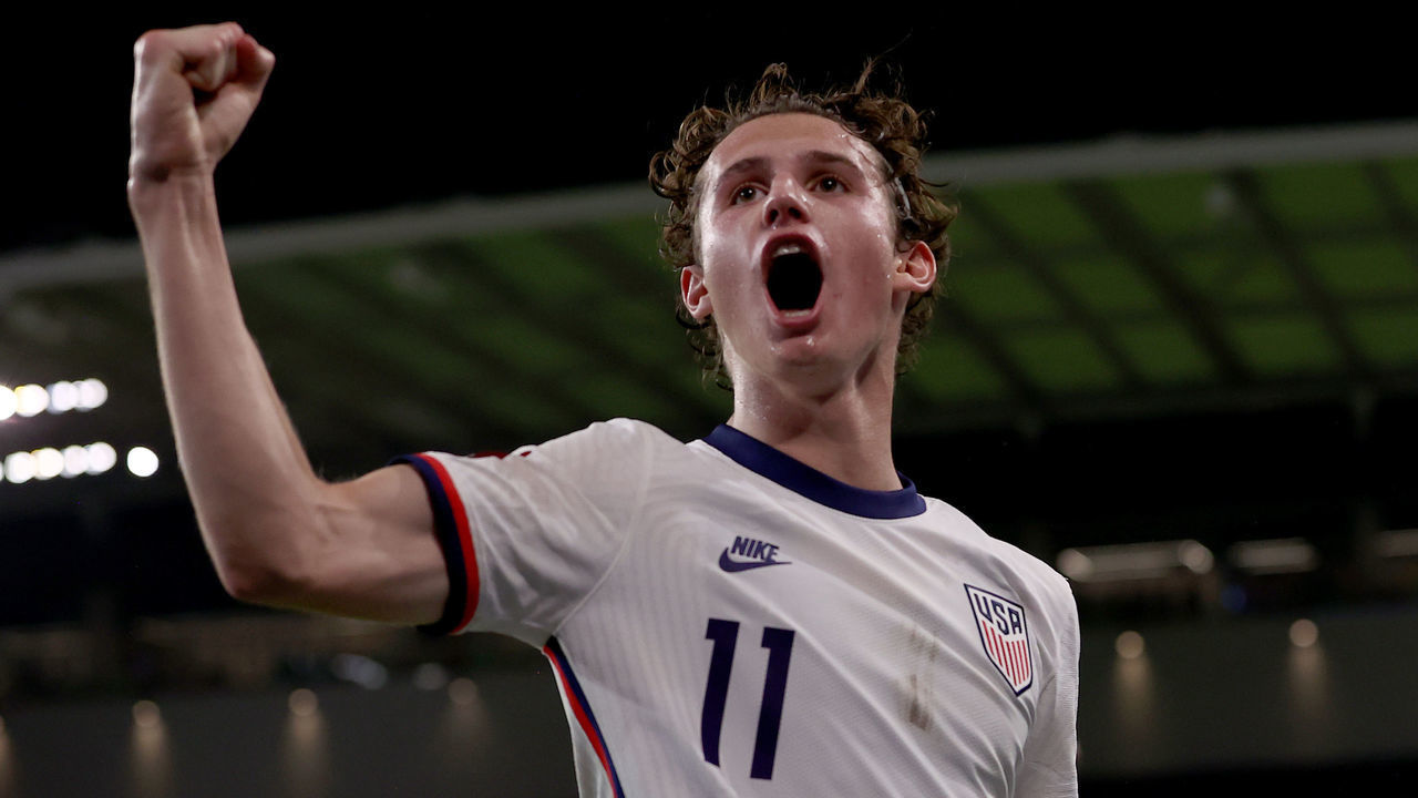 AUSTIN, TEXAS - OCTOBER 07: Brenden Aaronson #11 of the United States celebrates after Ricardo Pepi #16 of the United States scores against Jamaica in the second half of a 2022 World Cup Qualifying match at Q2 Stadium on October 07, 2021 in Austin, Texas.