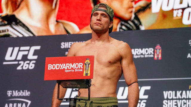 LAS VEGAS, NV - SEPTEMBER 24: Brian Ortega steps on the scale at the ceremonial weigh-ins for the fans for UFC 266 - Volkanovski vs Ortega - Ceremonial Weigh-ins on September 24, 2021, at MGM Park Theatre in Las Vegas, NV, United States.