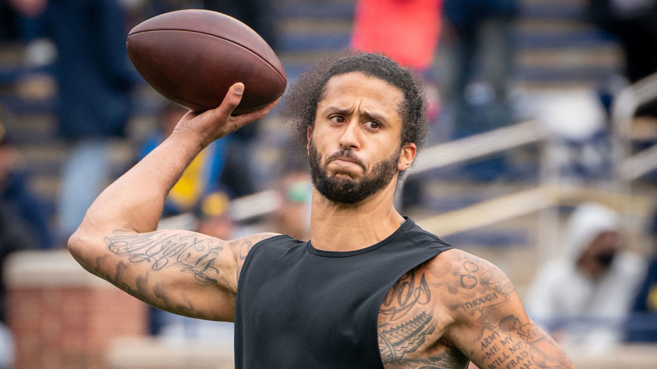 ANN ARBOR, MI - APRIL 02: Colin Kaepernick participates in a throwing exhibition during half time of the Michigan spring football game at Michigan Stadium on April 2, 2022 in Ann Arbor, Michigan.
