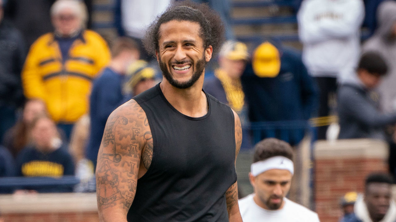 ANN ARBOR, MI - APRIL 02: Colin Kaepernick participates in a throwing exhibition during half time of the Michigan spring football game at Michigan Stadium on April 2, 2022 in Ann Arbor, Michigan.
