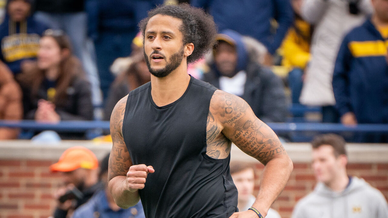 ANN ARBOR, MI - APRIL 02: Colin Kaepernick participates in a throwing exhibition during half time of the Michigan spring football game at Michigan Stadium on April 2, 2022 in Ann Arbor, Michigan.