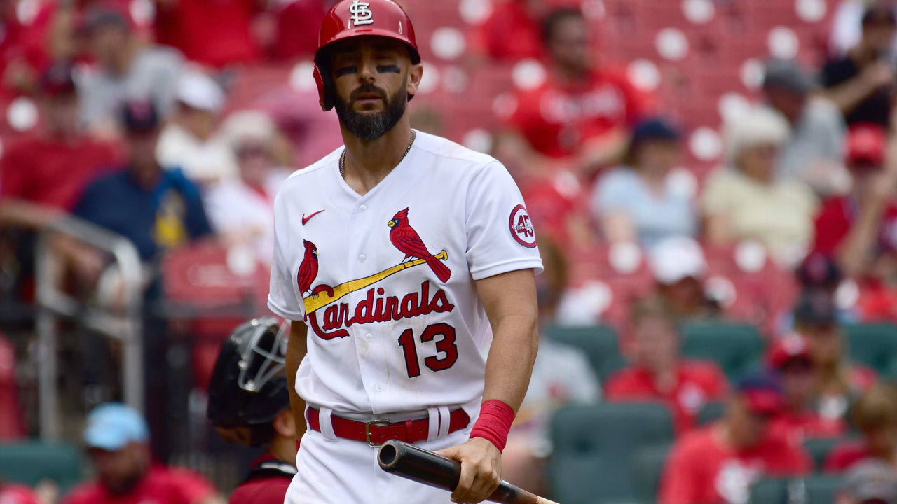 ST. LOUIS, MO - JUNE 30: St. Louis Cardinals second baseman Matt Carpenter (13) reacts after striking out during a Major League Baseball game between the Arizona Diamondbacks and the St. Louis Cardinals on June 30, 2021, at Busch Stadium, St. Louis, Mo. ,