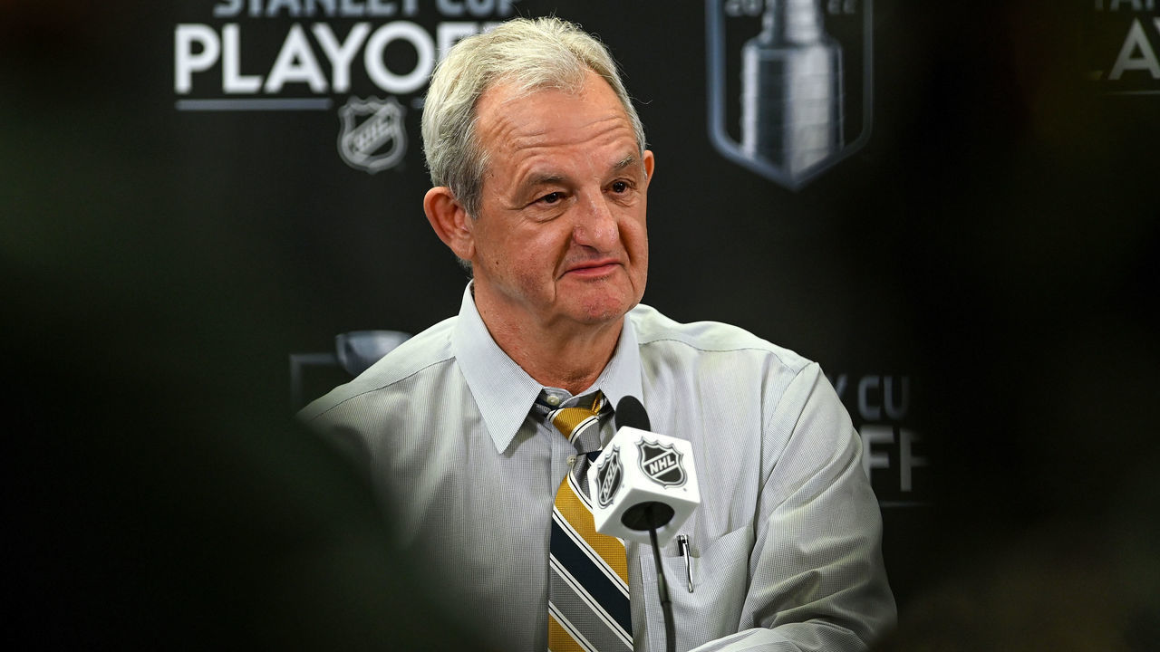 CALGARY, AB - MAY 15: Calgary Flames head coach Darryl Sutter speaks to media after his team advanced to the second round following their 3-2 overtime win over the Dallas Stars in game 7 of the first round of the NHL Stanley Cup Playoffs on May 15, 2022, at the Scotiabank Saddledome in Calgary, AB.