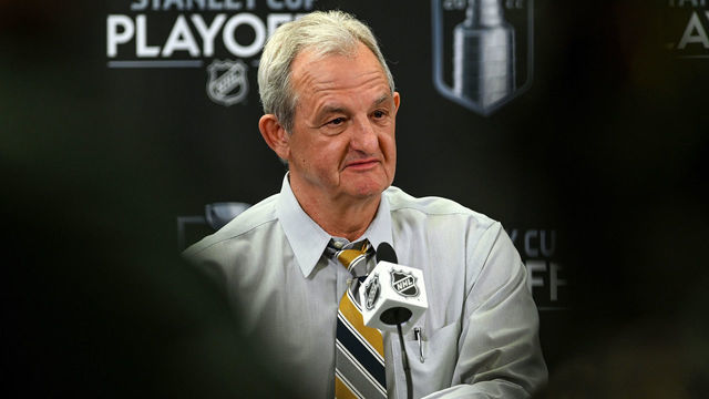 CALGARY, AB - MAY 15: Calgary Flames head coach Darryl Sutter speaks to media after his team advanced to the second round following their 3-2 overtime win over the Dallas Stars in game 7 of the first round of the NHL Stanley Cup Playoffs on May 15, 2022, at the Scotiabank Saddledome in Calgary, AB.