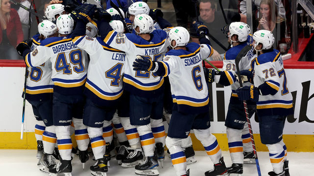 DENVER, COLORADO - MAY 25: The St Louis Blues celebrate an overtime goal by Tyler Bozak against the Colorado Avalanche during Game Five of the Second Round of the 2022 Stanley Cup Playoffs at at Ball Arena on May 25, 2022 in Denver, Colorado.