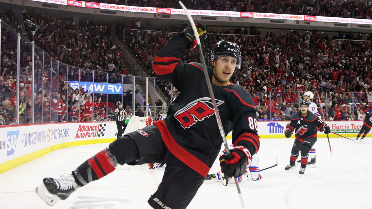 RALEIGH, NORTH CAROLINA - MAY 26: Teuvo Teravainen #86 of the Carolina Hurricanes scores a second period powerplay goal against the New York Rangers in Game Five of the Second Round of the 2022 Stanley Cup Playoffs at PNC Arena on May 26, 2022 in Raleigh, North Carolina.