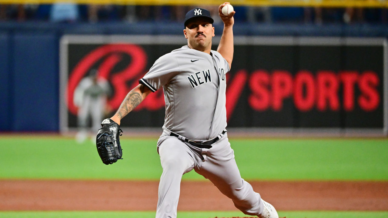 ST PETERSBURG, FLORIDA - MAY 26: Nestor Cortes #65 of the New York Yankees delivers a pitch against the Tampa Bay Rays in the third inning at Tropicana Field on May 26, 2022 in St Petersburg, Florida.
