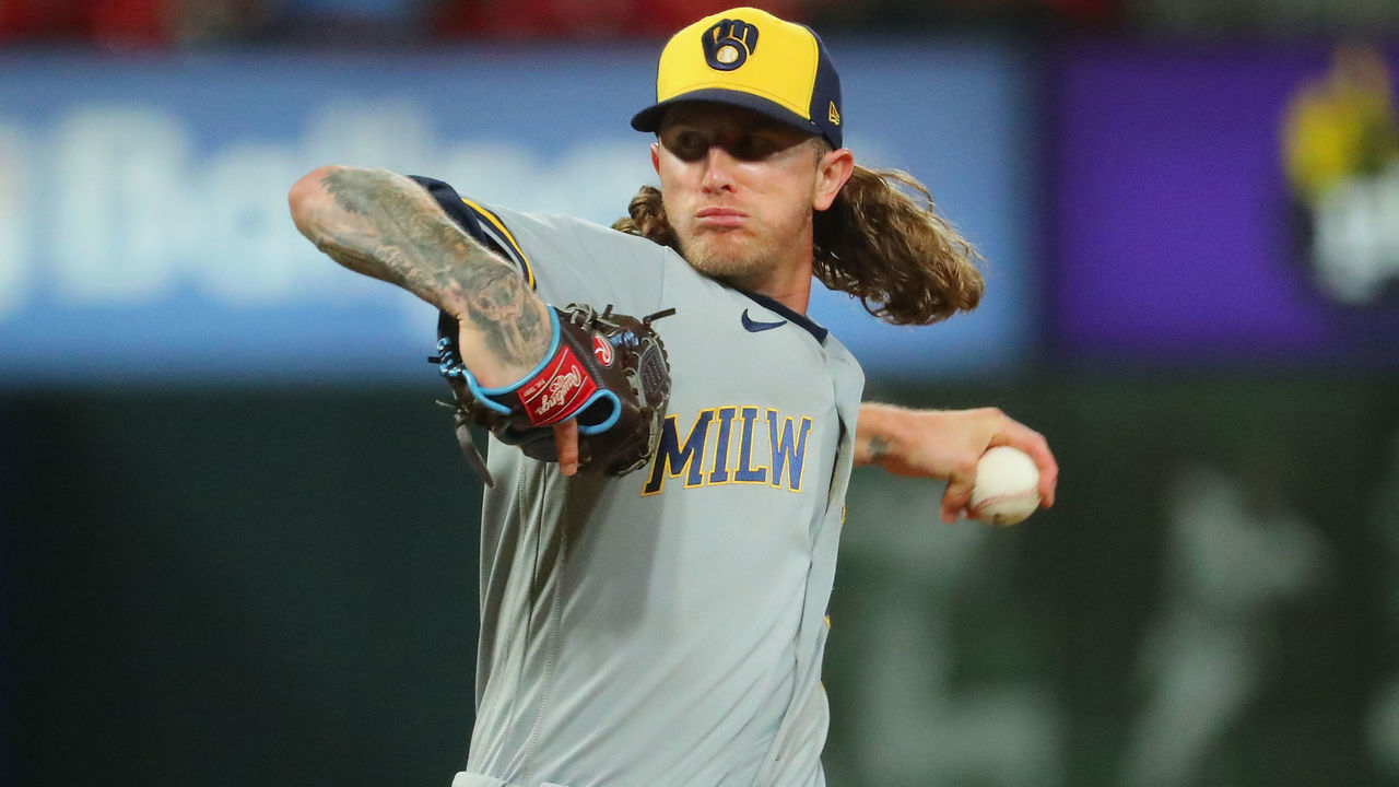 ST LOUIS, MO - MAY 26: Josh Hader #71 of the Milwaukee Brewers delivers a pitch against the St. Louis Cardinals in the ninth inning at Busch Stadium on May 26, 2022 in St Louis, Missouri.