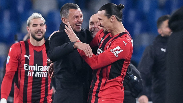 Zlatan Ibrahimovic of AC Milan celebrates with Paolo Maldini of AC Milan during the Serie A match between SSC Napoli and AC Milan at Stadio Diego Armando Maradona, Naples, Italy on 6 March 2022.
