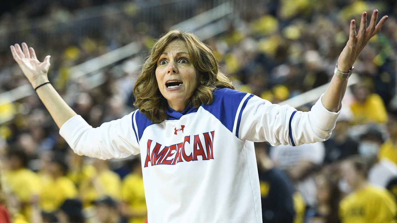 ANN ARBOR, MI - MARCH 19: American Eagles head coach Megan Gebbia reacts to a call during a game between the American Eagles and the Michigan Wolverines during the first round of the 2022 NCAA Women's Basketball Tournament held at Crisler Arena on March 19, 2022 in Ann Arbor, Michigan.