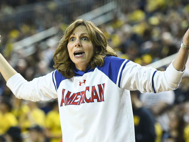 ANN ARBOR, MI - MARCH 19: American Eagles head coach Megan Gebbia reacts to a call during a game between the American Eagles and the Michigan Wolverines during the first round of the 2022 NCAA Women's Basketball Tournament held at Crisler Arena on March 19, 2022 in Ann Arbor, Michigan.