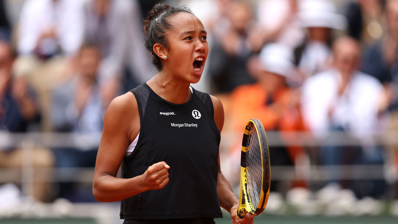 PARIS, FRANCE - MAY 27: Leylah Fernandez of Canada celebrates after winning match point against Belinda Bencic of Switzerland during the Women's Singles Third Round match on Day 6 of The 2022 French Open at Roland Garros on May 27, 2022 in Paris, France.