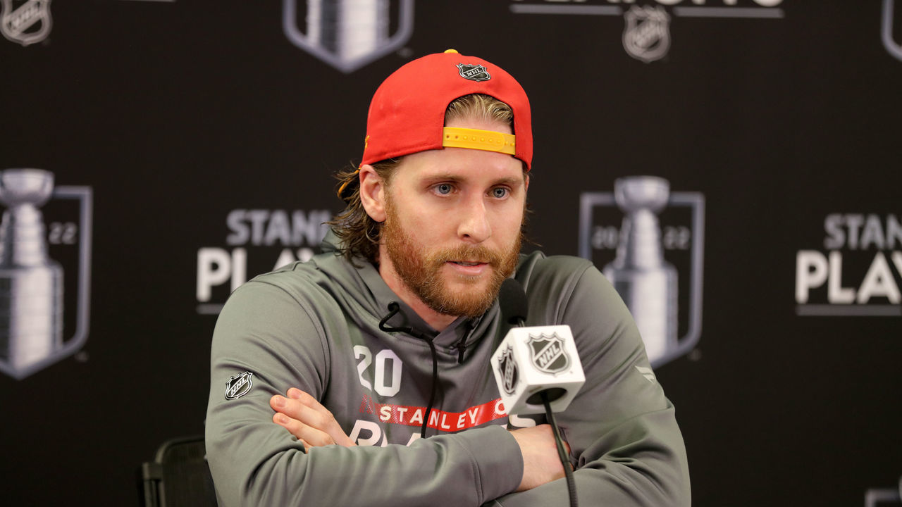 CALGARY, ALBERTA - MAY 26: Blake Coleman #20 of the Calgary Flames addresses the media after the game against the Edmonton Oilers in Game Five of the Second Round of the 2022 Stanley Cup Playoffs at Scotiabank Saddledome on May 26, 2022 in Calgary, Alberta.