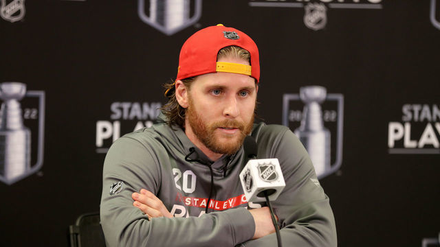 CALGARY, ALBERTA - MAY 26: Blake Coleman #20 of the Calgary Flames addresses the media after the game against the Edmonton Oilers in Game Five of the Second Round of the 2022 Stanley Cup Playoffs at Scotiabank Saddledome on May 26, 2022 in Calgary, Alberta.