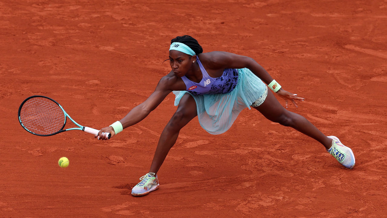 PARIS, FRANCE - MAY 27: Coco Gauff of United States is seen in action against Kaia Kanepi of Estonia in their third round match during day six of the French Open at Roland Garros on May 27, 2022 in Paris, France.