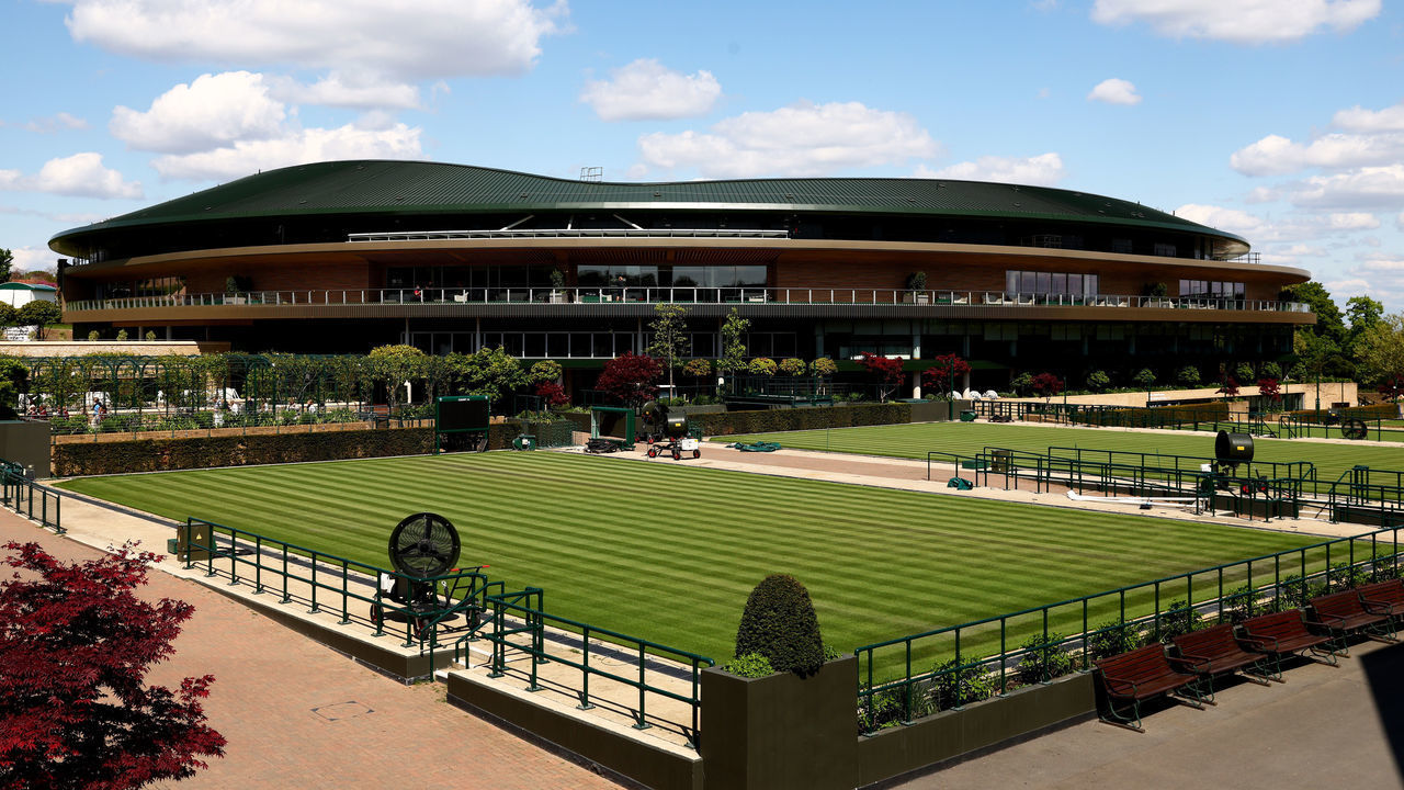 LONDON, ENGLAND - APRIL 26: WIMBLEDON, ENGLAND - APRIL 26: A general view outside Court No.1 at The All England Lawn Tennis and Croquet Club on April 26, 2022 in London, England.
