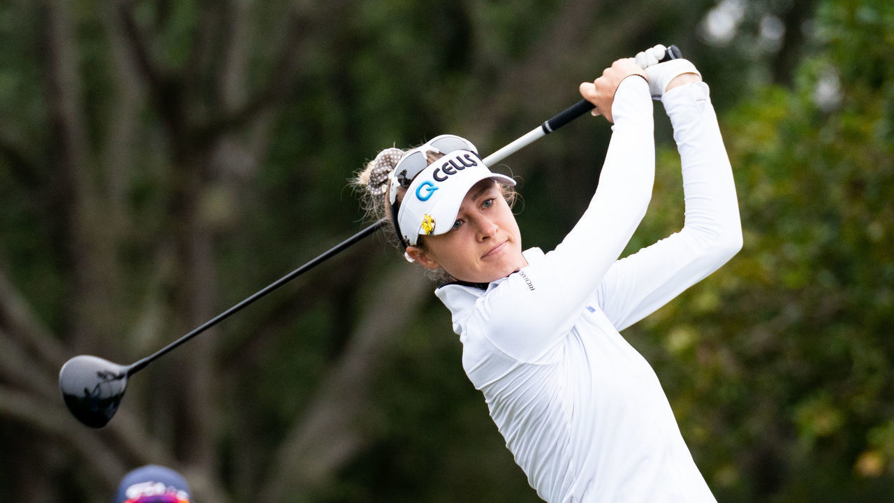 BOCA RATON, FL - JANUARY 28: Nelly Korda (USA) tees off on the first hole during the second round of the Gainbridge LPGA on January 28, 2022, at Boca Rio Golf Club in Boca Raton, FL.
