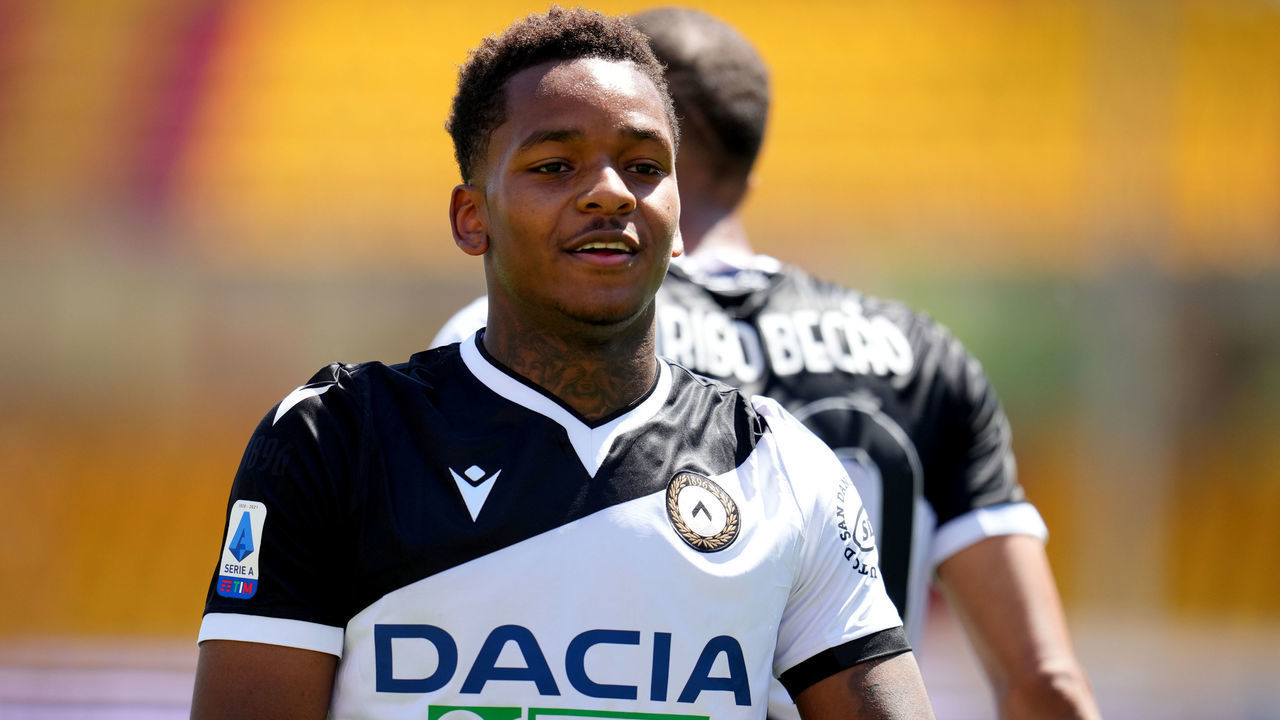 BENEVENTO, ITALY - APRIL 25: Jayden Braaf of Udinese Calcio celebrates after score`s his goal ,during the Serie A match between Benevento Calcio and Udinese Calcio at Stadio Ciro Vigorito on April 25, 2021 in Benevento, Italy.