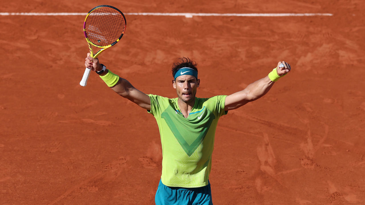 PARIS, FRANCE - MAY 27: Rafael Nadal of Spain celebrates victory over Botic van de Zandschulp of Netherlands in their third round match during day six of the French Open at Roland Garros on May 27, 2022 in Paris, France.