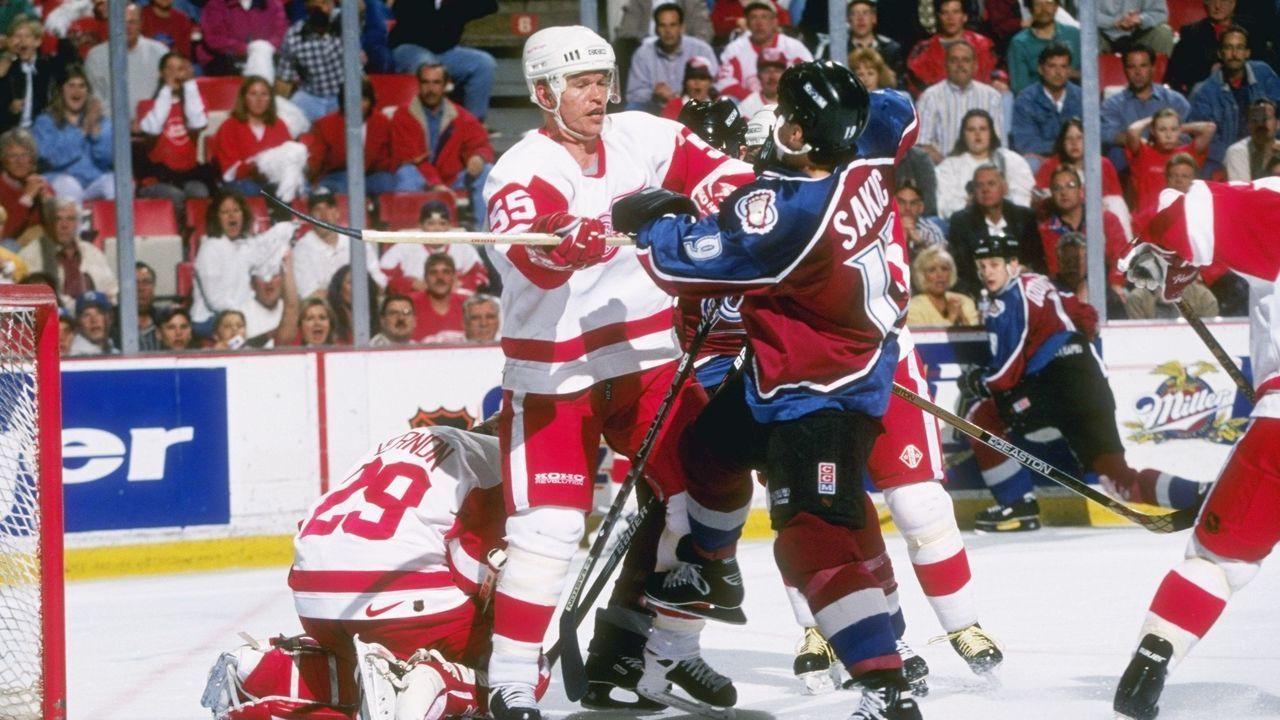 26 May 1997: Several players tangle up during a playoff game between the Detroit Red Wings and the Colorado Avalanche at the Joe Louis Arena in Detroit, Michigan. The Red Wings won the game, 3-1. Mandatory Credit: Robert Laberge /Allsport