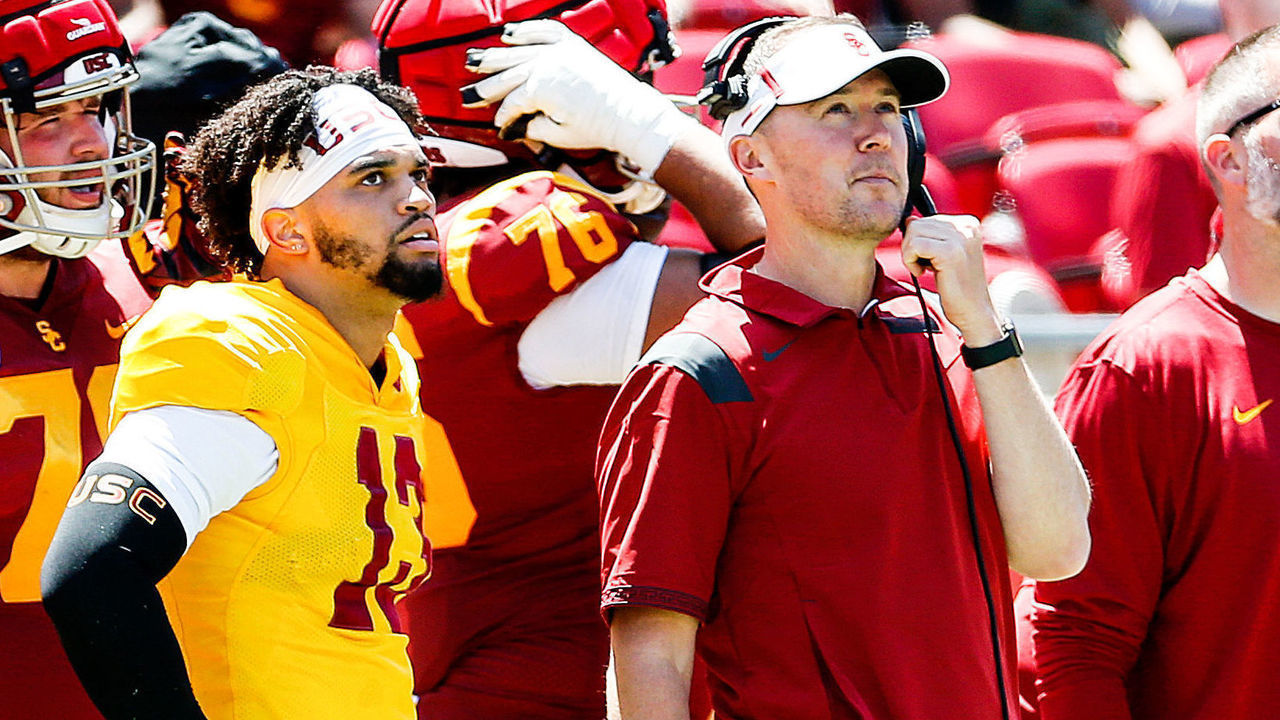 LOS ANGELES, CA - APRIL 23: Caleb Williams (13), USC quarterback, and head coach Lincoln Riley, in the USC Football Spring Game at the Los Angeles Memorial Coliseum on Saturday, April 23, 2022 in Los Angeles, CA. (Gary Coronado / Los Angeles Times via Getty Images)