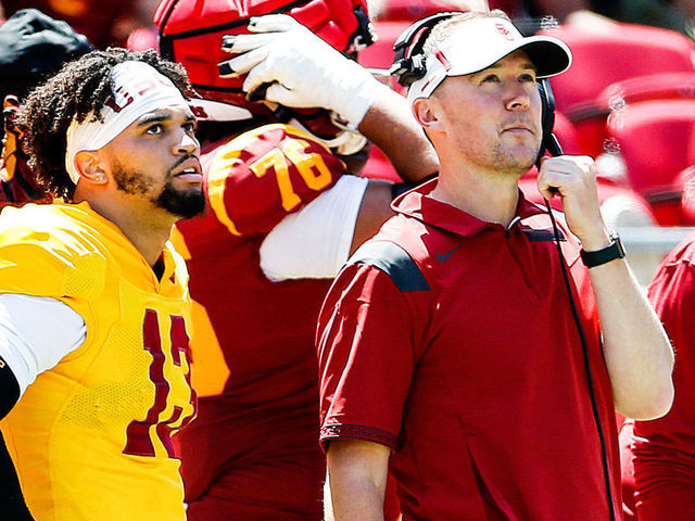 LOS ANGELES, CA - APRIL 23: Caleb Williams (13), USC quarterback, and head coach Lincoln Riley, in the USC Football Spring Game at the Los Angeles Memorial Coliseum on Saturday, April 23, 2022 in Los Angeles, CA. (Gary Coronado / Los Angeles Times via Getty Images)