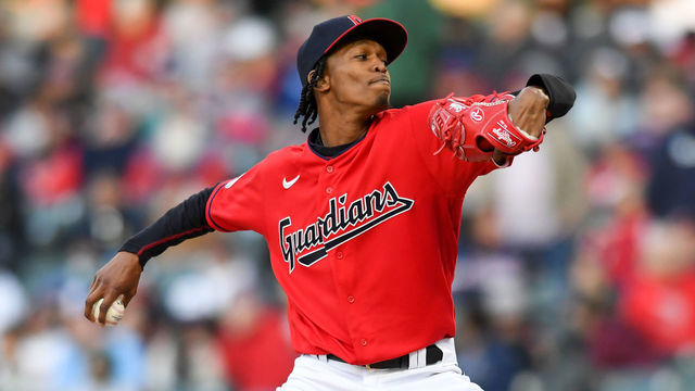 CLEVELAND, OH - MAY 07, 2022: Triston McKenzie #24 of the Cleveland Guardians throws a pitch during the fifth inning of game two of a doubleheader against the Toronto Blue Jays at Progressive Field on May 7, 2022 in Cleveland, Ohio.
