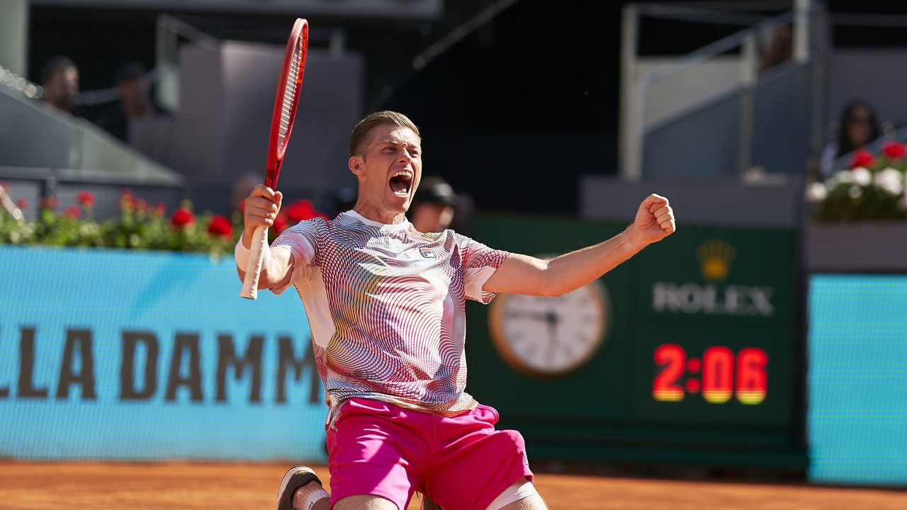 MADRID, SPAIN - MAY 08: Neal Skupski of Great Britain with partner Wesley Koolhof of Netherlands (not in frame) celebrates the victory after their Men's doubles final match against Juan Sebastian Cabal of Colombia with partner Robert Farah of Colombia during day eleven of the Mutua Madrid Open at La Caja Magica on May 08, 2022 in Madrid, Spain.
