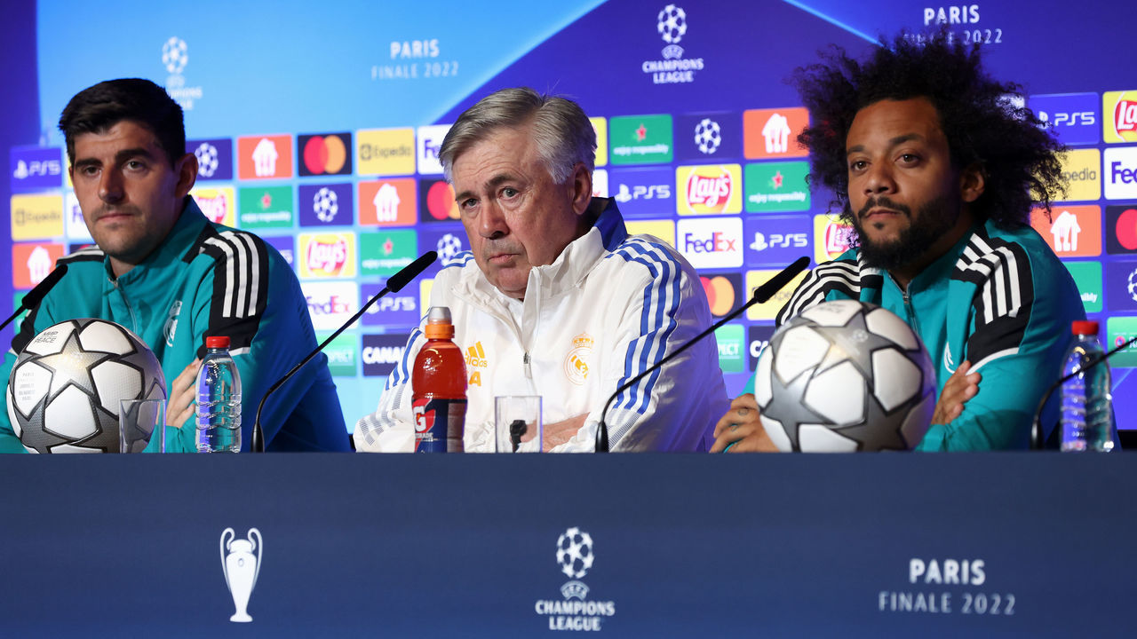 PARIS, FRANCE - MAY 27: Thibaut Courtois, Carlo Ancelotti and Marcelo of Real Madrid speak to the media during the Real Madrid Press Conference at Stade de France on May 27, 2022 in Paris, France. Real Madrid will face Liverpool in the UEFA Champions League final on May 28, 2022.